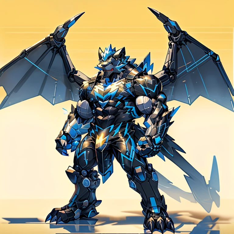 (ZERAORA, 8K), (Masterpiece, highres)
(Detailed head, Detailed Body,  Detailed abs,  full body)
(gigantic muscles, Gigachad Muscular, big muscle, pecs, triceps, traps, unusually developed muscular body, body full of huge muscles. showing off muscles, pectorales enormes, Exaggeratedly huge muscles.)
(nj5furry, The claws are sharp, Sharp teeth, sharp claws),
(long legs),
(Spread wings, It has wings, have big wings, golden wings),
(Wrestling, wrestler, the bodybuilding),
(It has wings, whole body shines like metal, Wearing cyberpunk mecha, emphasizes the muscles, suit fully made of metal, intricate armor, Robotic suit, suit fully made of metal, cyborg),
(black color hyper penis, hyper black penis),