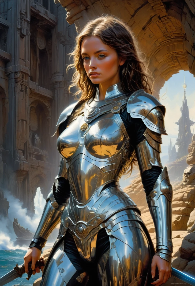 Female Warrior, by Ralph McQuarrie, best quality, masterpiece, very aesthetic, perfect composition, intricate details, ultra-detailed