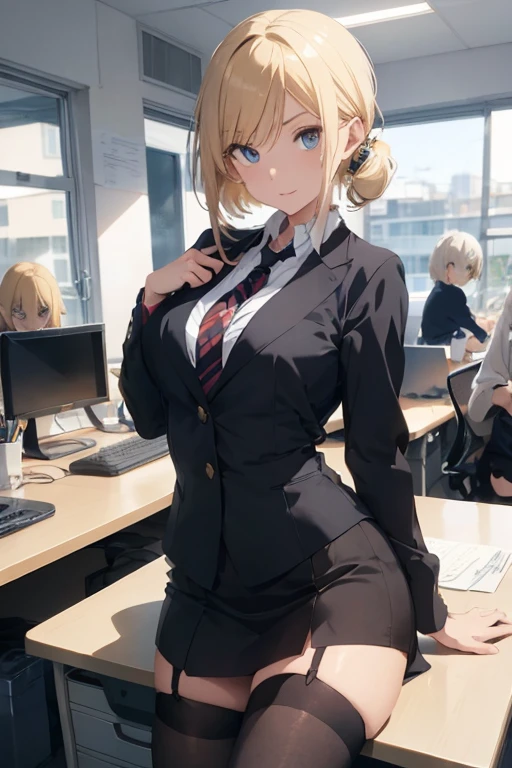 create a 25-year-old anime girl in office attire and black stockings with blonde hair and blue eyes with a luxurious office landscape