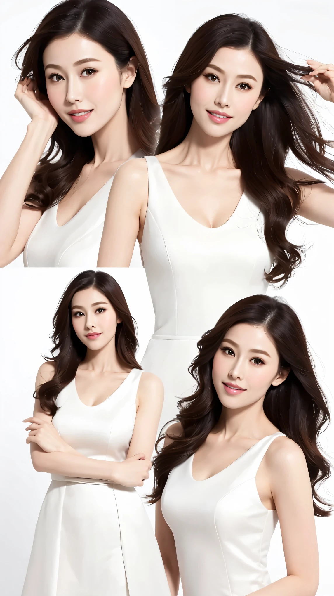 Fashion model 25 years old [[[[close up]]]], [[[[neck]]]], [[[[Shoulder]]]], Perfect eyes, Perfect iris，Perfect lips，Perfect Teeth，Perfect skin，White skin，Soft headlights，High-density imaging，((Various postures))，((Full body image))（The face is clear and delicate），((White formal wear))，((Smile))，((White background))，best quality，masterpiece，（Soft colors：1.2)