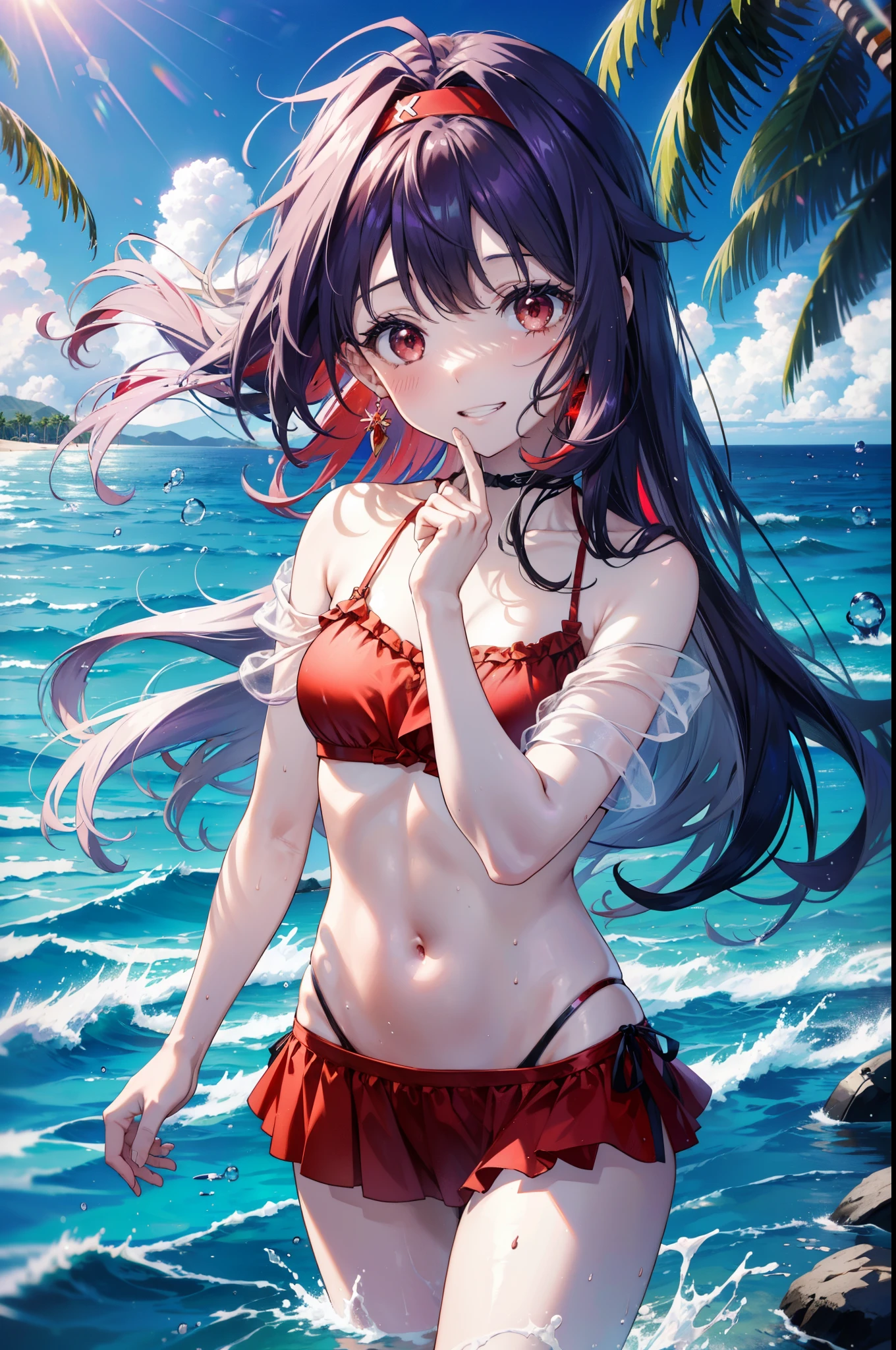 yuukikonno, Konno Yuuki, hair band, Long Hair, Pointed Ears, Purple Hair, (Red eyes:1.5), (Small breasts:1.2), Grin,smile,Purple bikini swimsuit,oversized red t-shirt,One Shoulder,barefoot,Palm tree,Holding a swim ring in his right arm,Palm tree,True Summer,whole bodyがイラストに入るように,Walking,
break looking at viewer, whole body,(Cowboy Shot:1. 5)
break outdoors, Beach,Sandy Beach,
break (masterpiece:1.2), highest quality, High resolution, unity 8k wallpaper, (figure:0.8), (Beautiful fine details:1.6), Highly detailed face, Perfect lighting, Highly detailed CG, (Perfect hands, Perfect Anatomy),