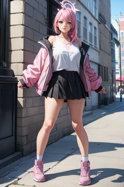 (full body)with background,A girl with pink hair and wearing a pink jacket with black miniskirt