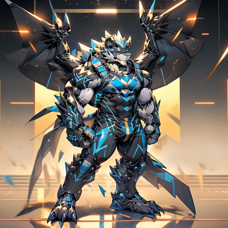 (ZERAORA, 8K), (Masterpiece, highres)
(Detailed head, Detailed Body,  Detailed abs,  full body)
(gigantic muscles, Gigachad Muscular, big muscle, pecs, triceps, traps, unusually developed muscular body, body full of huge muscles. showing off muscles, pectorales enormes, Exaggeratedly huge muscles.)
(nj5furry, The claws are sharp, Sharp teeth, sharp claws),
(long legs),
(Spread wings, It has wings, have big wings, golden wings),
(Wrestling, wrestler, the bodybuilding),
(It has wings, whole body shines like metal, Wearing cyberpunk mecha, emphasizes the muscles, suit fully made of metal, intricate armor, Robotic suit, suit fully made of metal, cyborg),
(black color hyper penis, hyper black penis),