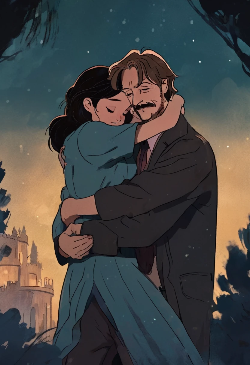 Remus Lupin hugging his dark haired daughter