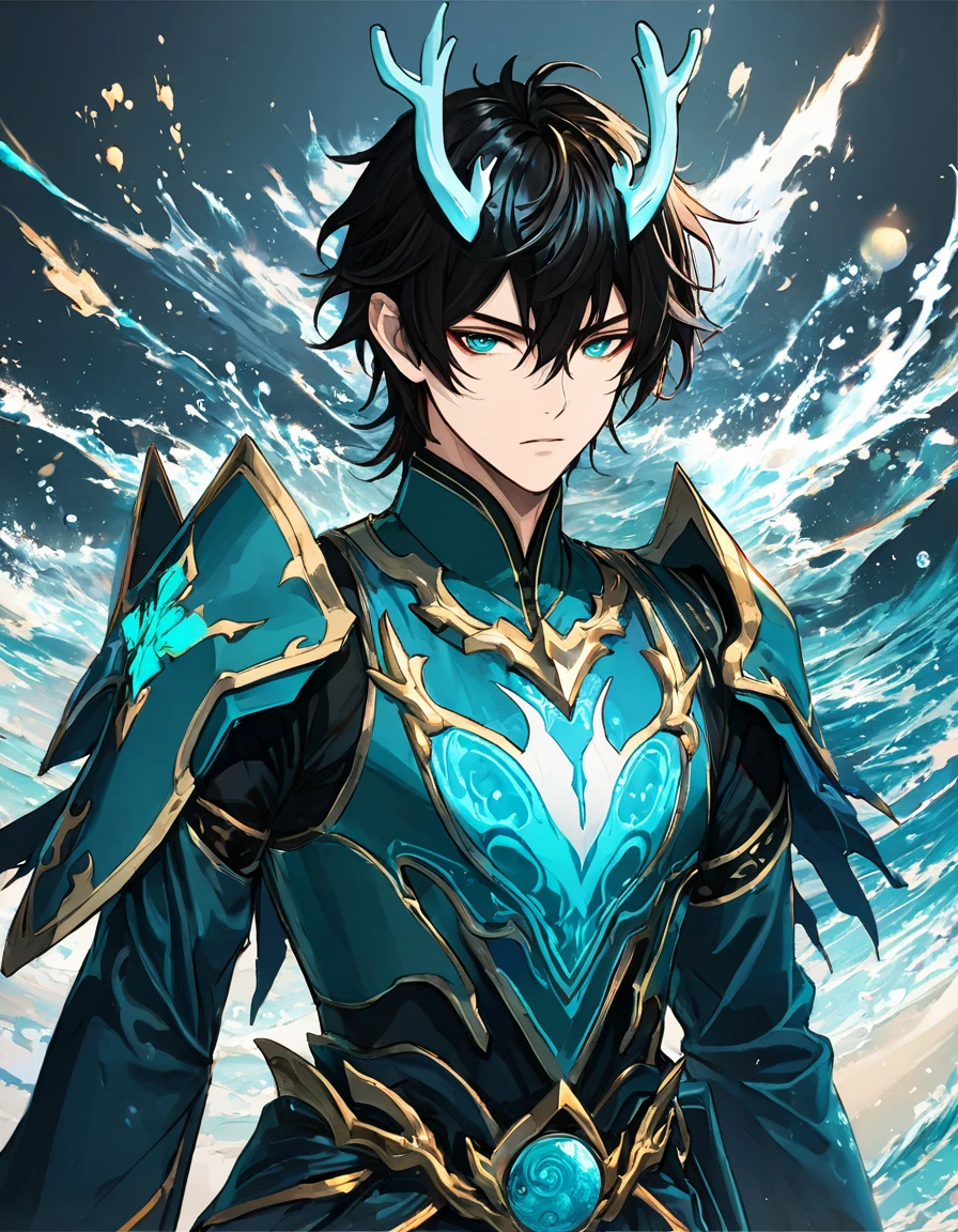 (DAN HENG IMBIBITOR LUNAE), 1man, (detailed eyes and detailed face) masterpiece side light, masterpiece, best quality, detailed, high resolution illustration), mecha armor, long dark vibrant hair, upper body, cool, water element, modern drawing, vibrant color, HDR, shadow, sharp drawing, simple background, damaged