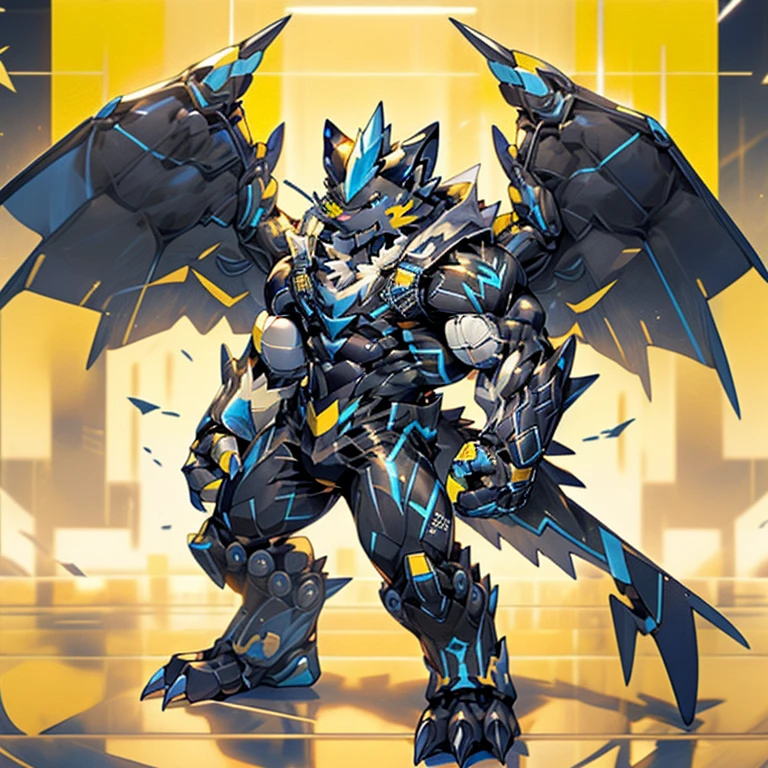(ZERAORA, 8K), (Zeraora's giant robot, Powered exoskeleton with the same design as Zeraora), (Masterpiece, highres)
(Detailed head, Detailed Body, Detailed abs, full body)
(gigantic muscles, Gigachad Muscular, big muscle, pecs, triceps, traps, unusually developed muscular body, body full of huge muscles. showing off muscles, pectorales enormes, Exaggeratedly huge muscles.)
(nj5furry, The claws are sharp, Sharp teeth, sharp claws),
(long legs),
(Spread wings, It has wings, have big wings, golden wings),
(Wrestling, wrestler, the bodybuilding),
(It has wings, whole body shines like metal, Wearing cyberpunk mecha, emphasizes the muscles, suit fully made of metal, intricate armor, Robotic suit, suit fully made of metal, cyborg),
(black color hyper penis, hyper black penis),