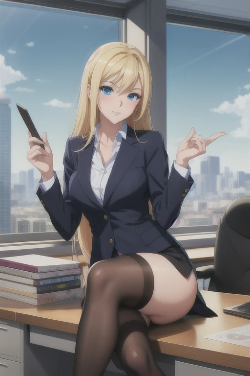 create a 25-year-old anime girl in office attire and black stockings with blonde hair and blue eyes with a luxurious office landscape