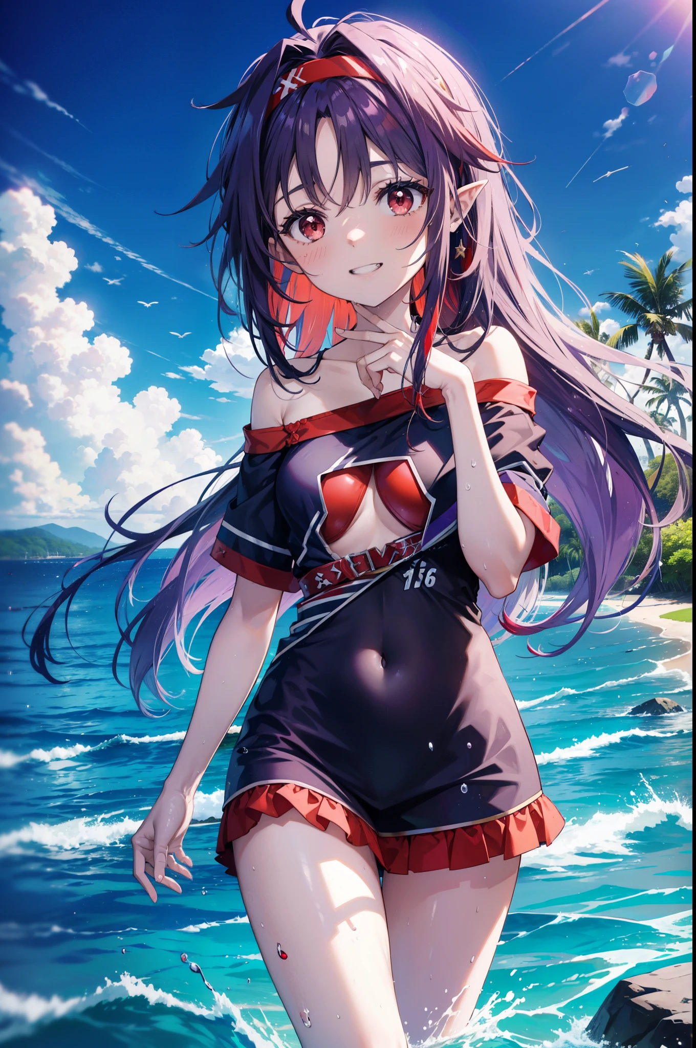 yuukikonno, Konno Yuuki, hair band, Long Hair, Pointed Ears, Purple Hair, (Red eyes:1.5), (Small breasts:1.2), Grin,smile,Purple bikini swimsuit,oversized red t-shirt,One Shoulder,barefoot,Palm tree,Holding a swim ring in his right arm,Palm tree,True Summer,whole bodyがイラストに入るように,Walking,
break looking at viewer, whole body,(Cowboy Shot:1. 5)
break outdoors, Beach,Sandy Beach,
break (masterpiece:1.2), highest quality, High resolution, unity 8k wallpaper, (figure:0.8), (Beautiful fine details:1.6), Highly detailed face, Perfect lighting, Highly detailed CG, (Perfect hands, Perfect Anatomy),