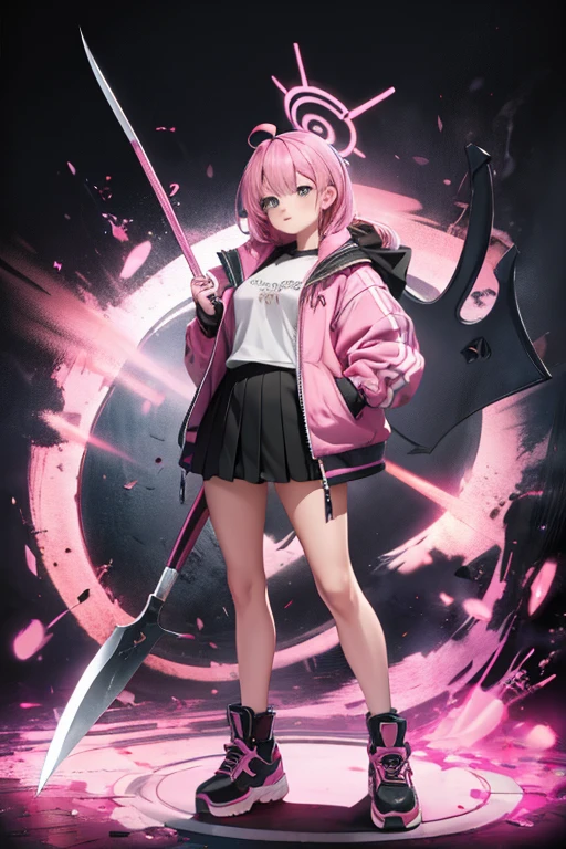 (full body)with background,A girl with pink hair and wearing a pink jacket with black miniskirt with a double sided axe that looks like a guitar