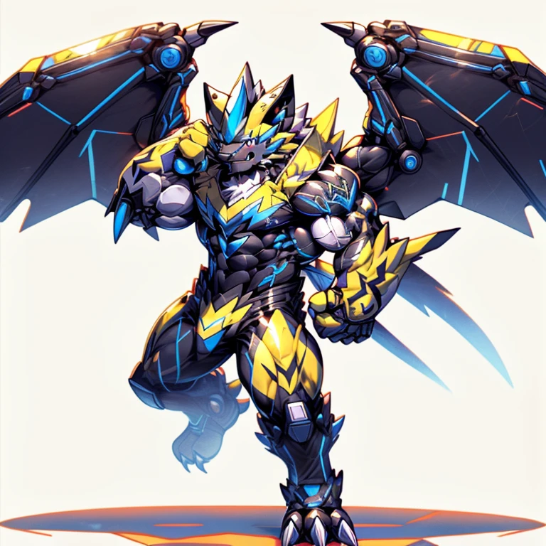 (ZERAORA, 8K), (Zeraora's giant robot, Powered exoskeleton with the same design as Zeraora), (Masterpiece, highres) (Detailed head, Detailed Body, Detailed abs, full body) (gigantic muscles, Gigachad Muscular, big muscle, pecs, triceps, traps, unusually developed muscular body, body full of huge muscles. showing off muscles, pectorales enormes, Exaggeratedly huge muscles.) (nj5furry, The claws are sharp, Sharp teeth, sharp claws), (long legs), (Spread wings, It has wings, have big wings, golden wings), (Wrestling, wrestler, the bodybuilding), (It has wings, whole body shines like metal, Wearing cyberpunk mecha, emphasizes the muscles, suit fully made of metal, intricate armor, Robotic suit, suit fully made of metal, cyborg), (black color hyper penis, hyper black penis),