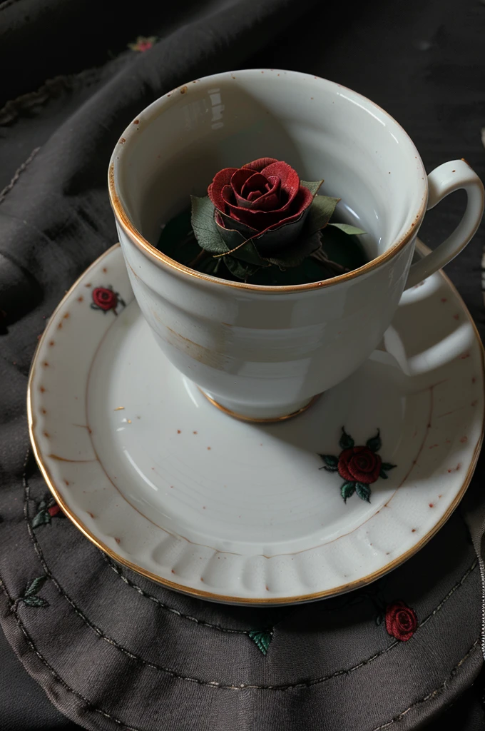 Cracked porcelain tea cup on a dark tablecloth with an embroidered rose