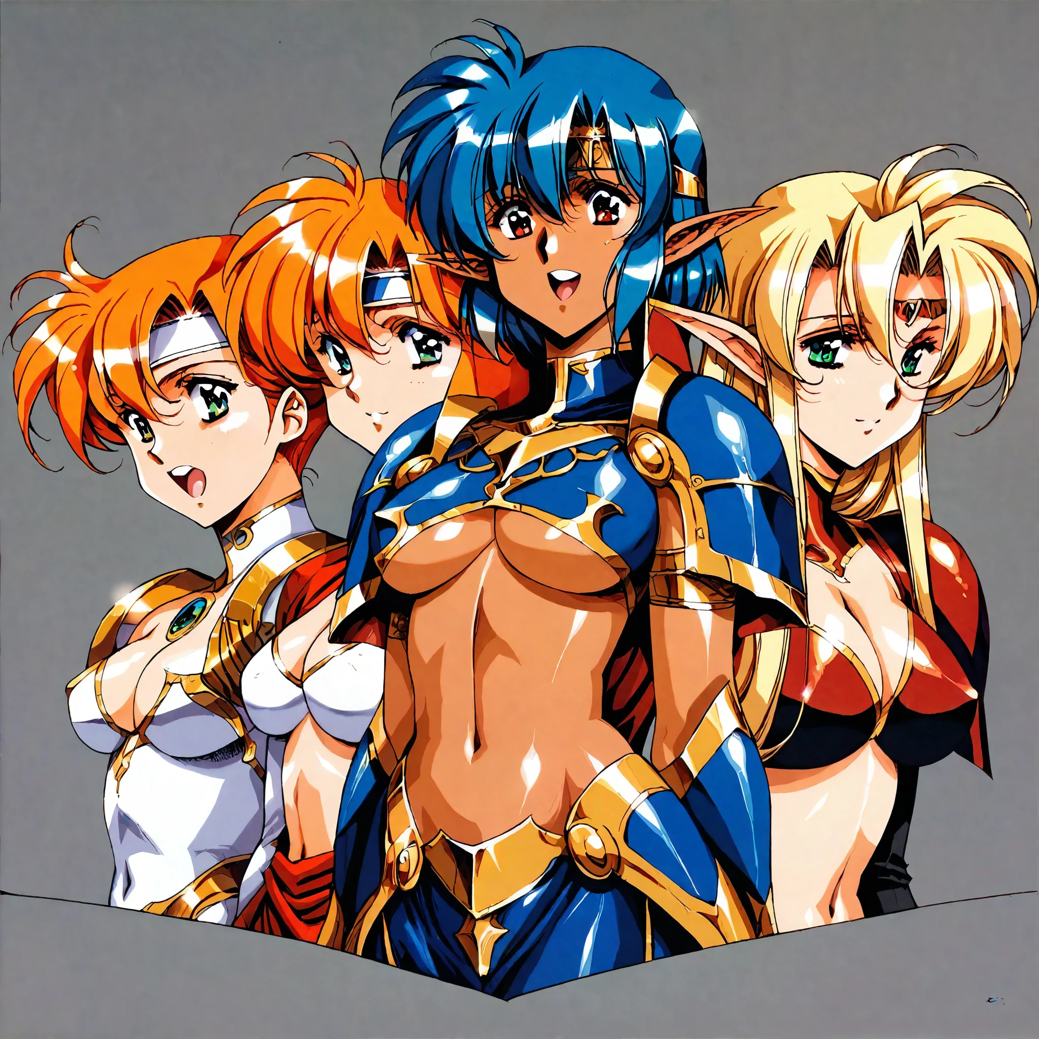 "(masterpiece:1.1), best quality, 
1girl, (traditional media 80s:1.4), (eyelashes:1.5), (loli:1.2), 
(intricate high detailed body:1.2), 
(aqua hair:1.1), (bangs:1.1), (twintails, drill hair:1.2), (flower brooch, hair ornament:1.1), 
brown eyes, 
(slim body:1.1), (gigantic breasts:1.5), 
(happy, smile:1.2), blush, open mouth, 
(bikini armor, garter belt:1.2), (knight armor, armored boots:1.2), 
(frill:1.1), (earrings:1.1), neckwear, 
standing, (dynamic pose, action pose, leaning forward:1.2),
(upper body, cowboy shot, looking at viewer:1.1),
(daytime, grassland, outdoors:1.1)"