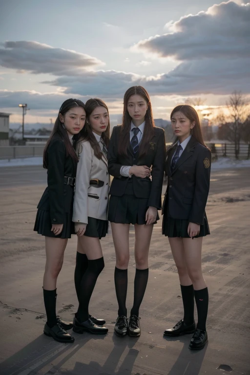 At sunset，(8k), (best quality), (The finest details), (Surreal), caesar, Russian girl, romantic student, Two female students in school uniforms, Female couple, Tall and skinny, Beautiful long legs, Alumni, classmate, Winter War