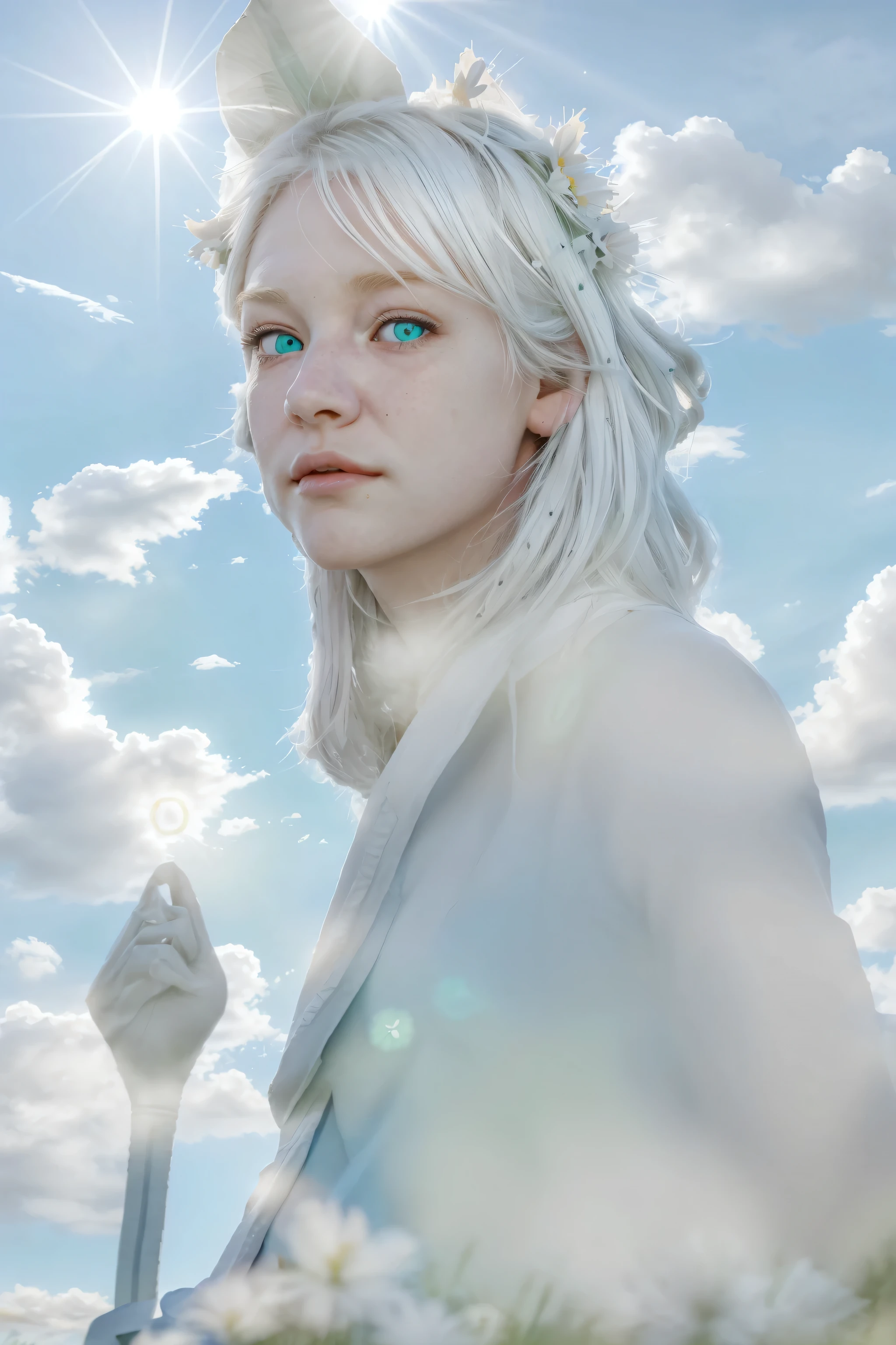 The sky city, blue sky, white clouds and flowers heal a white-haired girl with green eyes. The sun shines on the endless grassland. The ultimate light and shadow