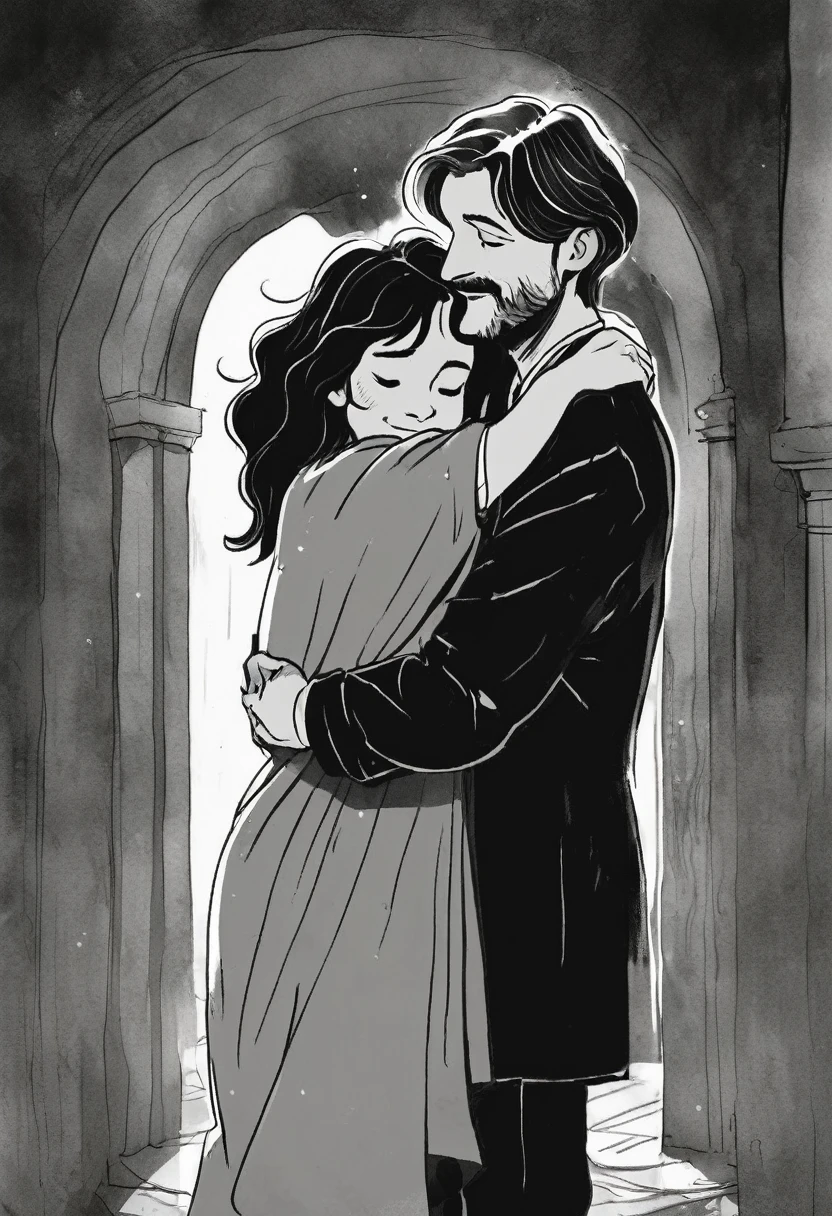Remus Lupin hugging his dark haired daughter (black and white)