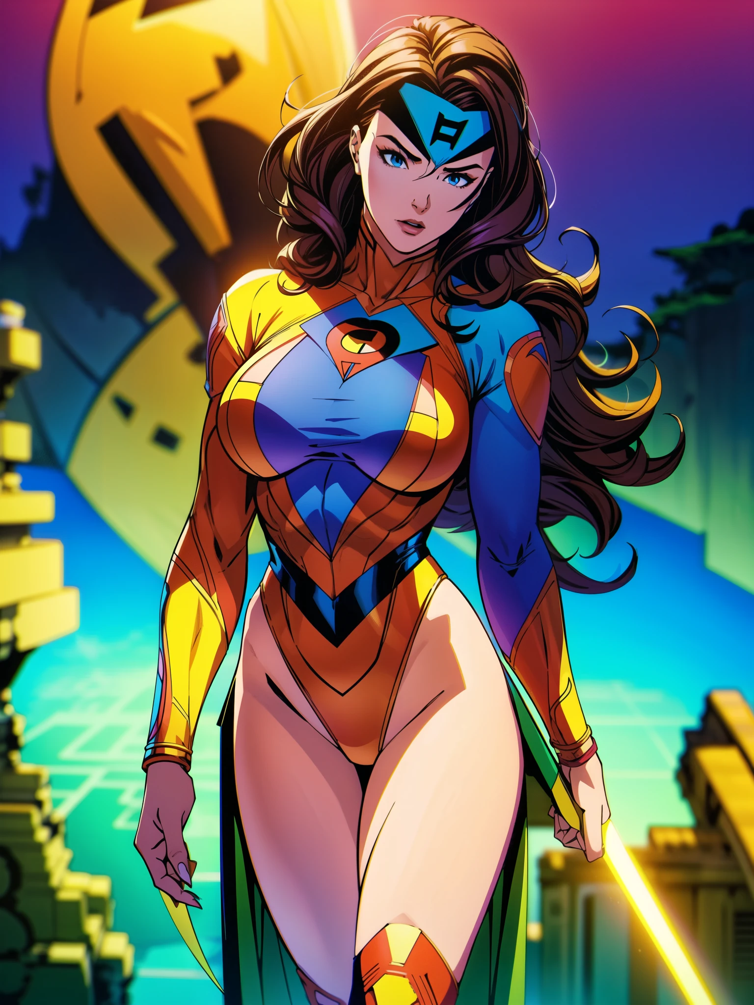 A beautiful, powerful superheroine, age 40, wearing a high-leg patterned leotard, a flowing cape, and a hero mask, with toned muscles, realistic hips, large breast, (best quality,4k,8k,highres,masterpiece:1.2),ultra-detailed,(realistic,photorealistic,photo-realistic:1.37),portrait,digital art,cinematic lighting,dynamic pose,dramatic shadows,vibrant colors,intricate details, (xmtas1997), (jim lee)