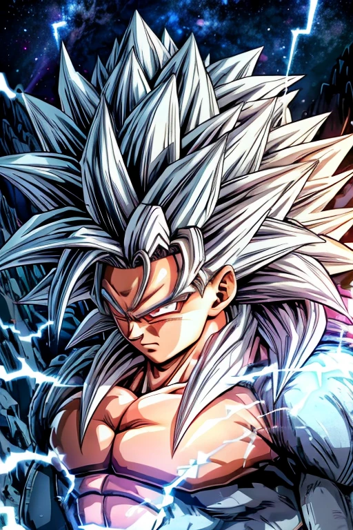 Close up, front view, art by Cornflower, dreamy, cool super saiyan Goku covered with white aura, white lighting , to mountain background, glowing , high quality, 32 k, ultra hd, perfect anatomy, soft color, shinning , full lightning, cinematic lighting, colorful hair
