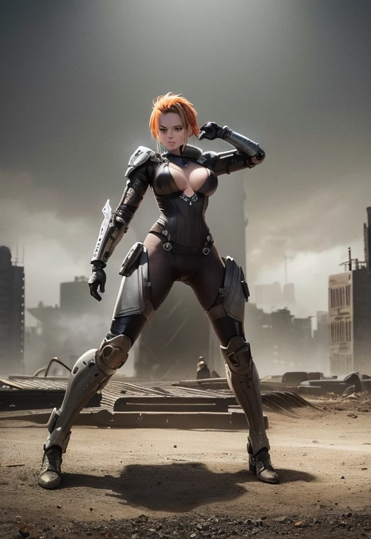 A highly detailed and realistic skull girl,( Anya. Taylor Joy) cyberpunk character, mad max furiosa, one hand robot, cyborg arm, orange hair, dramatic metal heavy rock theme, best quality, 8k, hyperrealistic, photorealistic, extreme detailed painting, studio lighting, vivid colors, dark moody atmosphere, cinematic, dramatic pose, intricate mechanical details, glowing energy effects, intense gritty textures, seamless integration of organic and inorganic elements. Wearing the used clothes of a wastelander. Background: An apocalyptic wasteland. Dusty and depressing., sexy pose, walking