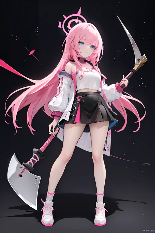 (full body)with background,A girl with pink hair and teal blue eyes and wearing a pink jacket with black miniskirt with a double sided axe that looks like a guitar