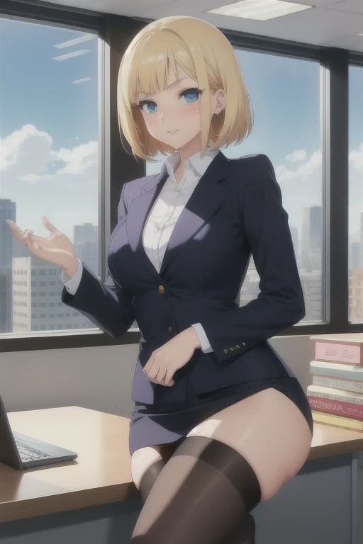 create a 25-year-old anime girl in office attire and black stockings with blonde hair and blue eyes with a luxurious office landscape