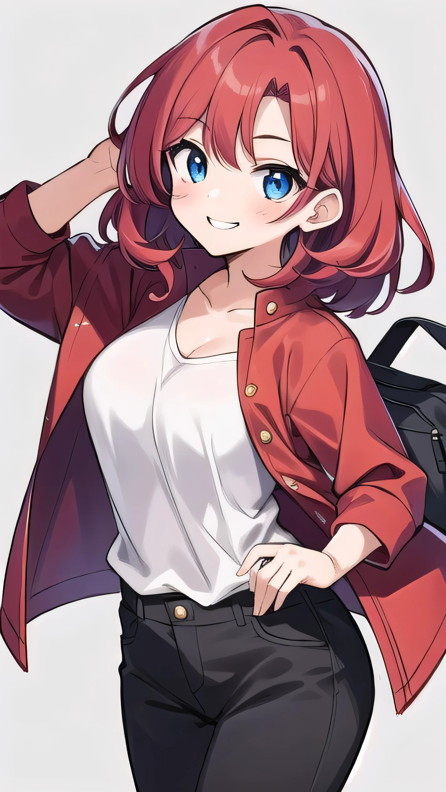 Big breasts, red hair, blue eyes, droopy eyes, red jacket, lsuper big breasts, (medium hair: 1.2), baggy clothes, young face, short height, , shy，Agari, smiling a little,  soft hair，(straight hair:1)