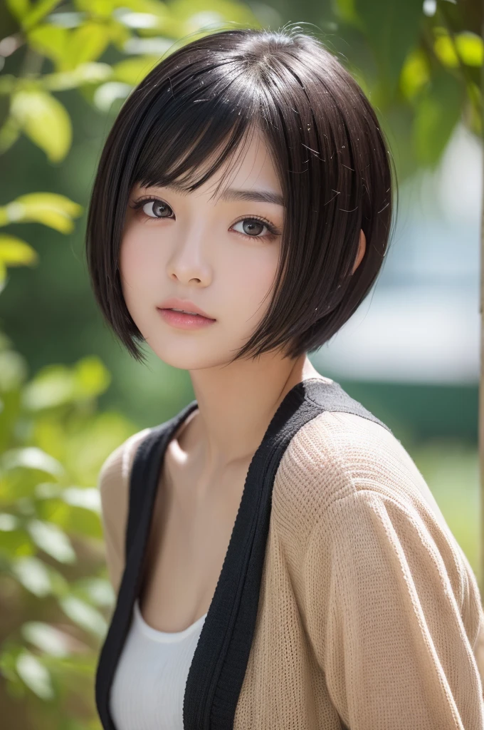 (High resolution:1.3), (16k, Photorealistic, Raw photo, Best image quality: 1.4), Japanese, (One Girl), Beautiful Face, (A vivid face), (Black-haired、short hair:1.3), Beautiful Hairstyles, Realistic eyes, Beautifully detailed eyes, (Realistic Skin), Beautiful skins, attractive, 超A high resolution, Surreal, High detail, Golden Ratio, Highly detailed cute girl,(20-year-old)
