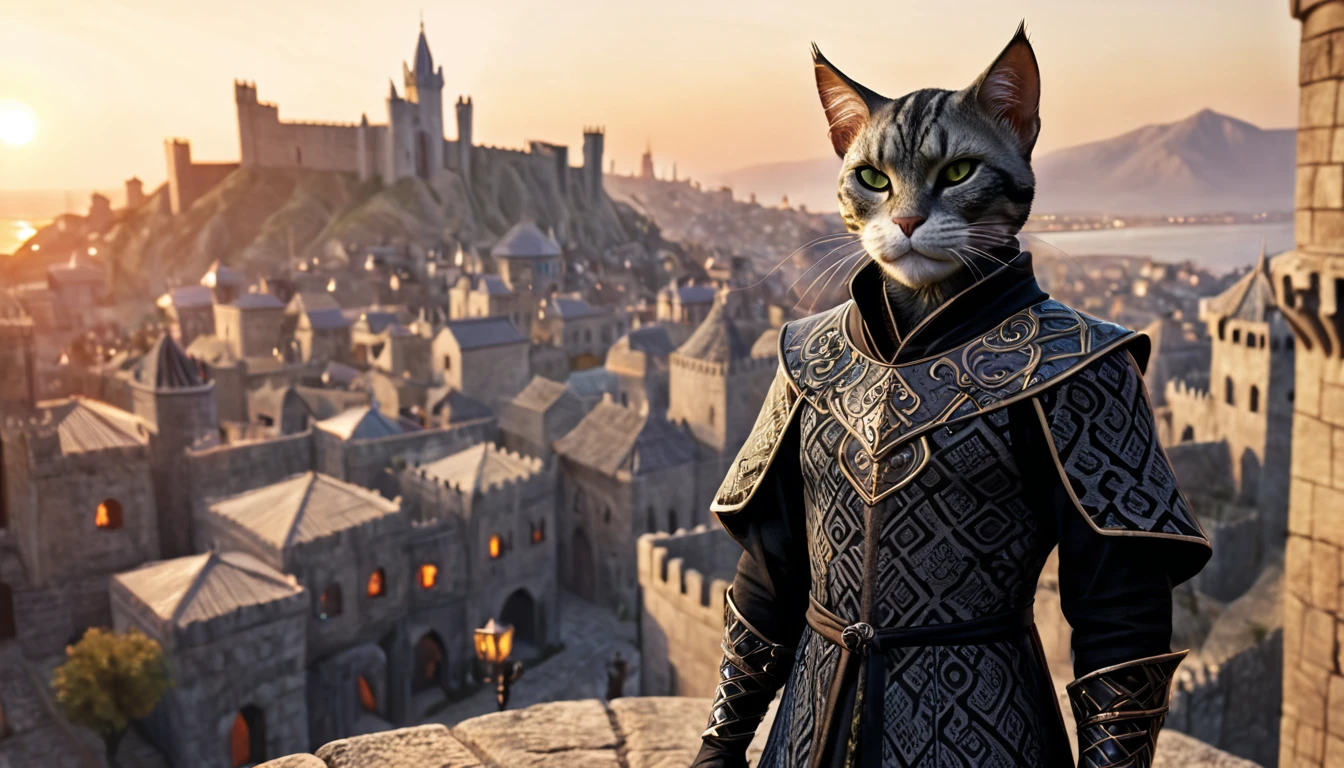 a cat man, khajiit, expressive eyes, black patterned clothes dress, jojo poses, big medieval city in sunset in background, detail richness, masterpiece, best quality, The Elder Scrolls style