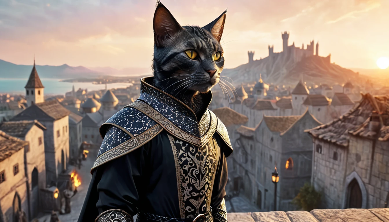 a cat man, khajiit, expressive eyes, black patterned clothes dress, jojo poses, big medieval city in sunset in background, detail richness, masterpiece, best quality, The Elder Scrolls style