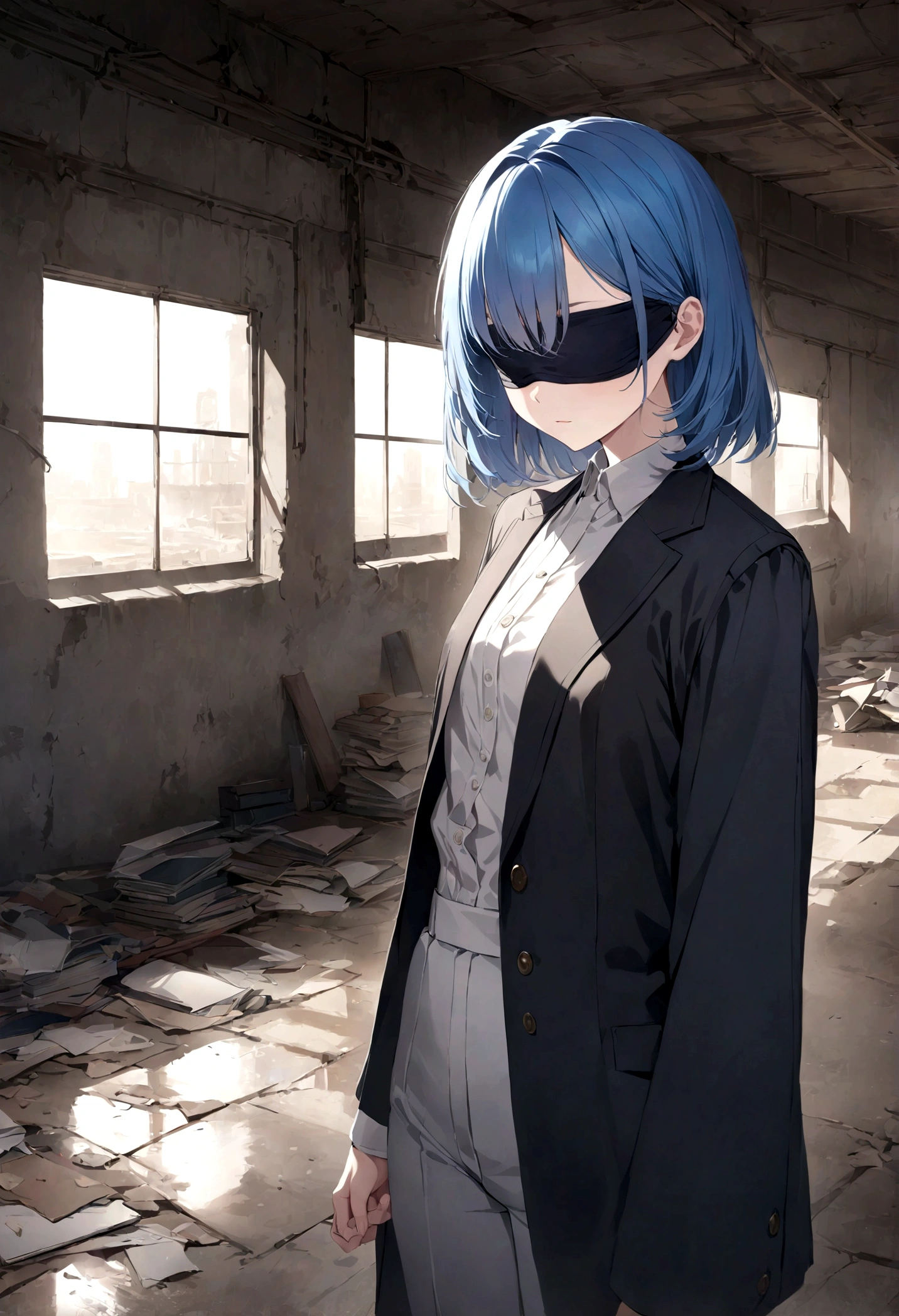 Cloth, Cover your eyes,用丝带Cover your eyes, ((Not blindfolded))black, black透明裙子,Long blue hair,In an abandoned factory, dark,Album,Art Books, game_CG, realistic, photo, real,, masterpiece, best quality,short hair,cool