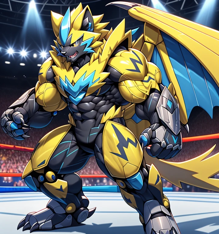 (ZERAORA, 8K), (Zeraora's giant robot, Powered exoskeleton with the same design as Zeraora), (Masterpiece, highres) (Detailed head, Detailed Body, Detailed abs, full body) (gigantic muscles, Gigachad Muscular, big muscle, pecs, triceps, traps, unusually developed muscular body, body full of huge muscles. showing off muscles, pectorales enormes, Exaggeratedly huge muscles.) (nj5furry, The claws are sharp, Sharp teeth, sharp claws), (long legs), (Spread wings, It has wings, have big wings, golden wings), (Wrestling, wrestler, the bodybuilding), (It has wings, whole body shines like metal, Wearing cyberpunk mecha, emphasizes the muscles, suit fully made of metal, intricate armor, Robotic suit, suit fully made of metal, cyborg),