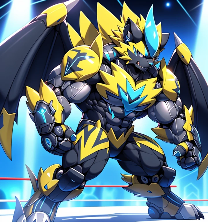 (ZERAORA, 8K), (Zeraora's giant robot, Powered exoskeleton with the same design as Zeraora), (Masterpiece, highres) (Detailed head, Detailed Body, Detailed abs, full body) (gigantic muscles, Gigachad Muscular, big muscle, pecs, triceps, traps, unusually developed muscular body, body full of huge muscles. showing off muscles, pectorales enormes, Exaggeratedly huge muscles.) (nj5furry, The claws are sharp, Sharp teeth, sharp claws), (long legs), (Spread wings, It has wings, have big wings, golden wings), (Wrestling, wrestler, the bodybuilding), (It has wings, whole body shines like metal, Wearing cyberpunk mecha, emphasizes the muscles, suit fully made of metal, intricate armor, Robotic suit, suit fully made of metal, cyborg),