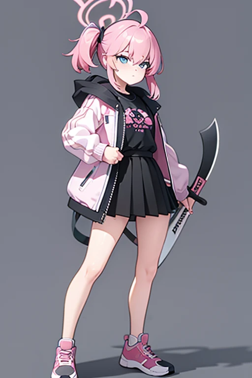 (full body)with background,A girl with pink hair and wearing a pink jacket with black miniskirt with a double sided axe that looks like a guitar