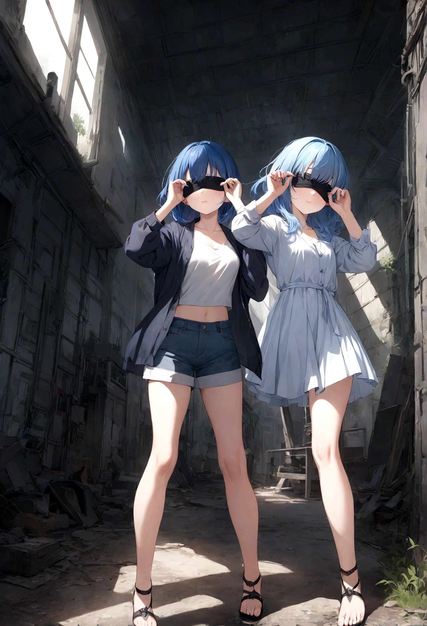 Cloth, Cover your eyes,
用丝带Cover your eyes, ((Not blindfolded,))black, black透明裙子,Long blue hair,In an abandoned factory, dark,
Album,Art Books, game_CG, realistic, photo, real,
, masterpiece, best quality,