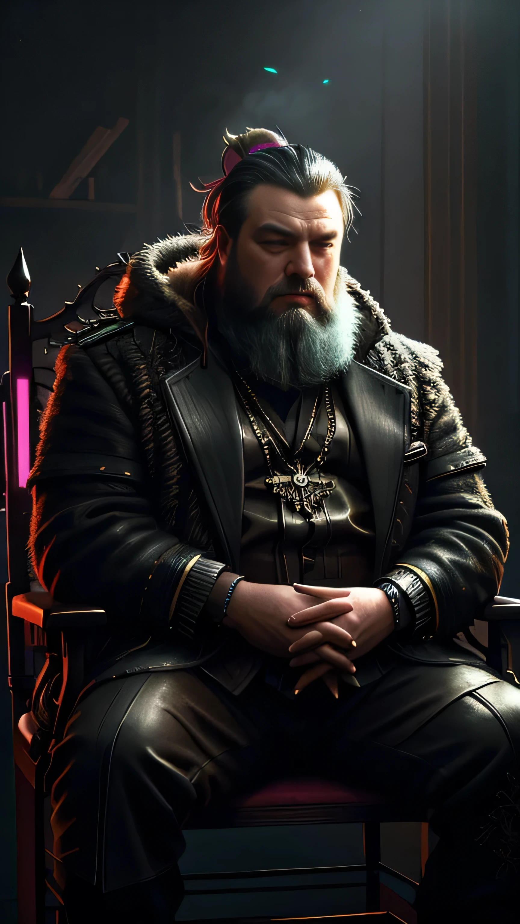 (сyberpunk style), neon, (Mark Addy) as Robert Baratheon, a сyberpunk president, long сyberpunk beard, сyberpunk president tuxedo, sitting, in the president сyberpunk office, (1man), (solo), (full body view), beautiful detailed glow, detailed, cinematic light, intricate detail, realistic, highres, detailed facial features, high detail, sharp focus, smooth, aesthetic, extremely detailed, stamp, octane render