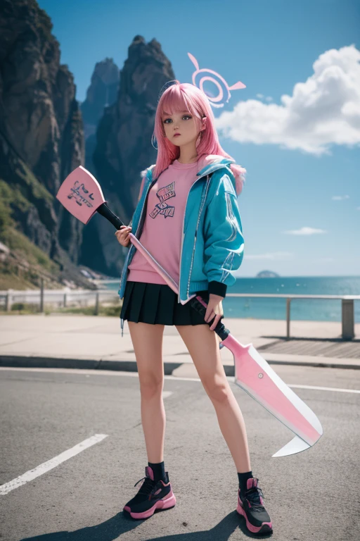 (full body)with background,A girl with pink hair and teal blue eyes and wearing a pink jacket with black miniskirt with a double sided axe that looks like a guitar