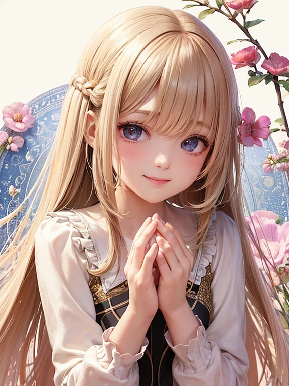 Top quality masterpiece, Highest quality and official artistic standards, Featuring beautiful and visually stunning girls:1.3. This piece is very ingenious, rich in color, Exquisitely crafted down to the last detail, Vibrant, Vibrant, A unique visual experience. Optical blending technology brings playful patterns、Add depth to your artwork。, Enhances overall texture and color richness,Close-up portrait, beautiful乙女, Cute Smile, alone,One girl, beautiful ,elegant, Pink color matching,Woman in prayer pose,smile,にっこりとsmile,close eyes,Half Shot,Western-style blouse,Semi-long hair,Beauty,1 Female,Delicate and high resolution,Precise,praying,Light background,Powder of light flutters,Flare,慈like,mercy,like,happiness,Divine,Fluffy clothes,Lustrous skin,Clear skin,White skin,Thin eyebrows,Her hair is a light cream color.,Bright brown hair,rainbow,Silky Hair,Shiny and delicate hair,Like reality,Young,young,pastel colour,Dream world,Pink Background,Top view,Wide-open eyes,Cheerful girl,Long sleeve blouse,Lolita,Kind Face,White blouse,Drooping eyes