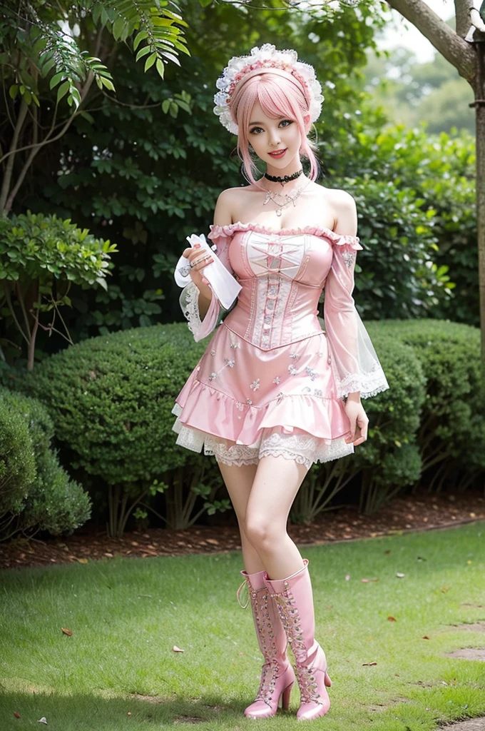 (nsfw), sexy stylish Swedish model, only 1 female, ((doll-like appearance)), short neon pink stylish hair, ((shiny Victorian-Style boots)), (big smile), ultra detailed eyes, vivid eye makeup, lip-gloss, long lashes, defined eyebrows, ((sexy Paradise Kiss cosplay)), bell-shaped skirt, petticoats, high neckline, puffed sleeves, ((ultra detailed lace)), ((ultra detailed embroidery)), intricate details, Paradise Kiss accessoires and matching headpiece, choker, ((large sparkling Paradise Kiss jewelry)), cinematic light, detailed large park background with trees