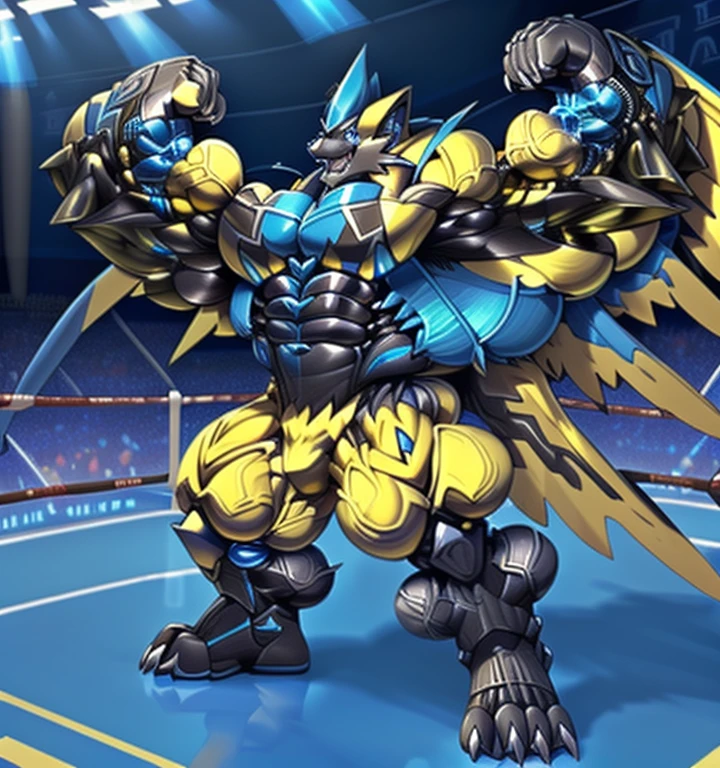 (ZERAORA, 8K), (Zeraora's giant robot, Powered exoskeleton with the same design as Zeraora), (Masterpiece, highres) (Detailed head, Detailed Body, Detailed abs, full body) (gigantic muscles, Gigachad Muscular, big muscle, pecs, triceps, traps, unusually developed muscular body, body full of huge muscles. showing off muscles, pectorales enormes, Exaggeratedly huge muscles.) (nj5furry, The claws are sharp, Sharp teeth, sharp claws), (long legs), (Spread wings, It has wings, have big wings, golden wings), (Wrestling, wrestler, the bodybuilding), (It has wings, whole body shines like metal, Wearing cyberpunk mecha, emphasizes the muscles, suit fully made of metal, intricate armor, Robotic suit, suit fully made of metal, cyborg),