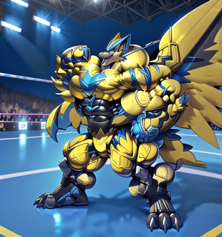 (ZERAORA, 8K), (Zeraora's giant robot, Powered exoskeleton with the same design as Zeraora), (Masterpiece, highres) (Detailed head, Detailed Body, Detailed abs, full body) (gigantic muscles, Gigachad Muscular, big muscle, pecs, triceps, traps, unusually developed muscular body, body full of huge muscles. showing off muscles, pectorales enormes, Exaggeratedly huge muscles.) (nj5furry, The claws are sharp, Sharp teeth, sharp claws), (long legs), (Spread wings, It has wings, have big wings, golden wings), (Wrestling, wrestler, the bodybuilding), (It has wings, whole body shines like metal, Wearing cyberpunk mecha, emphasizes the muscles, suit fully made of metal, intricate armor, Robotic suit, suit fully made of metal, cyborg),