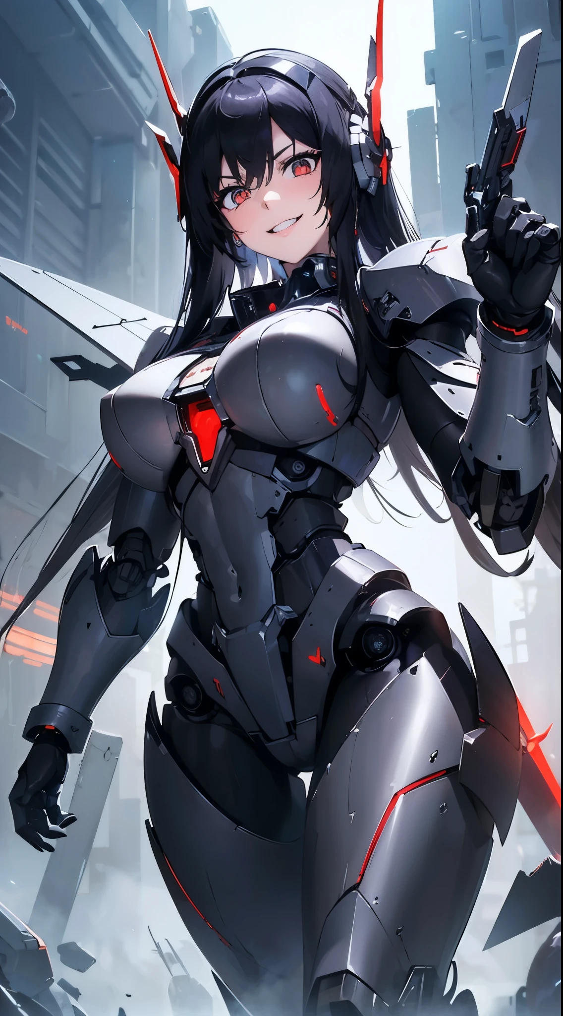Machine eyes glowing red、evil smile