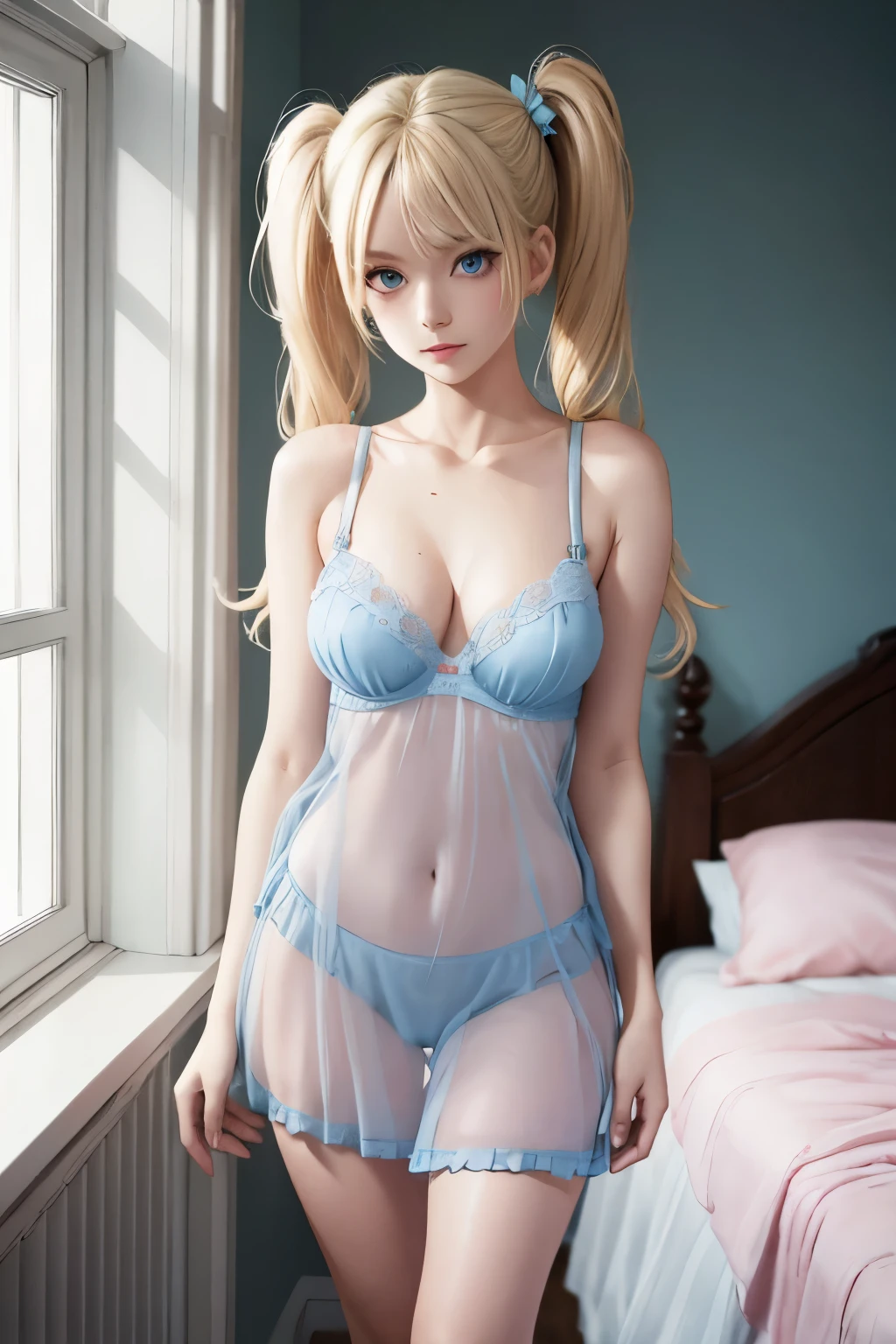 cute blonde woman, in twin tails, perfect blue eyes, pale gothic skin, silky smooth skin, wearing a pastel blue (transparent) nightgown, cute pink panties and bra under her, standing in her bedroom.