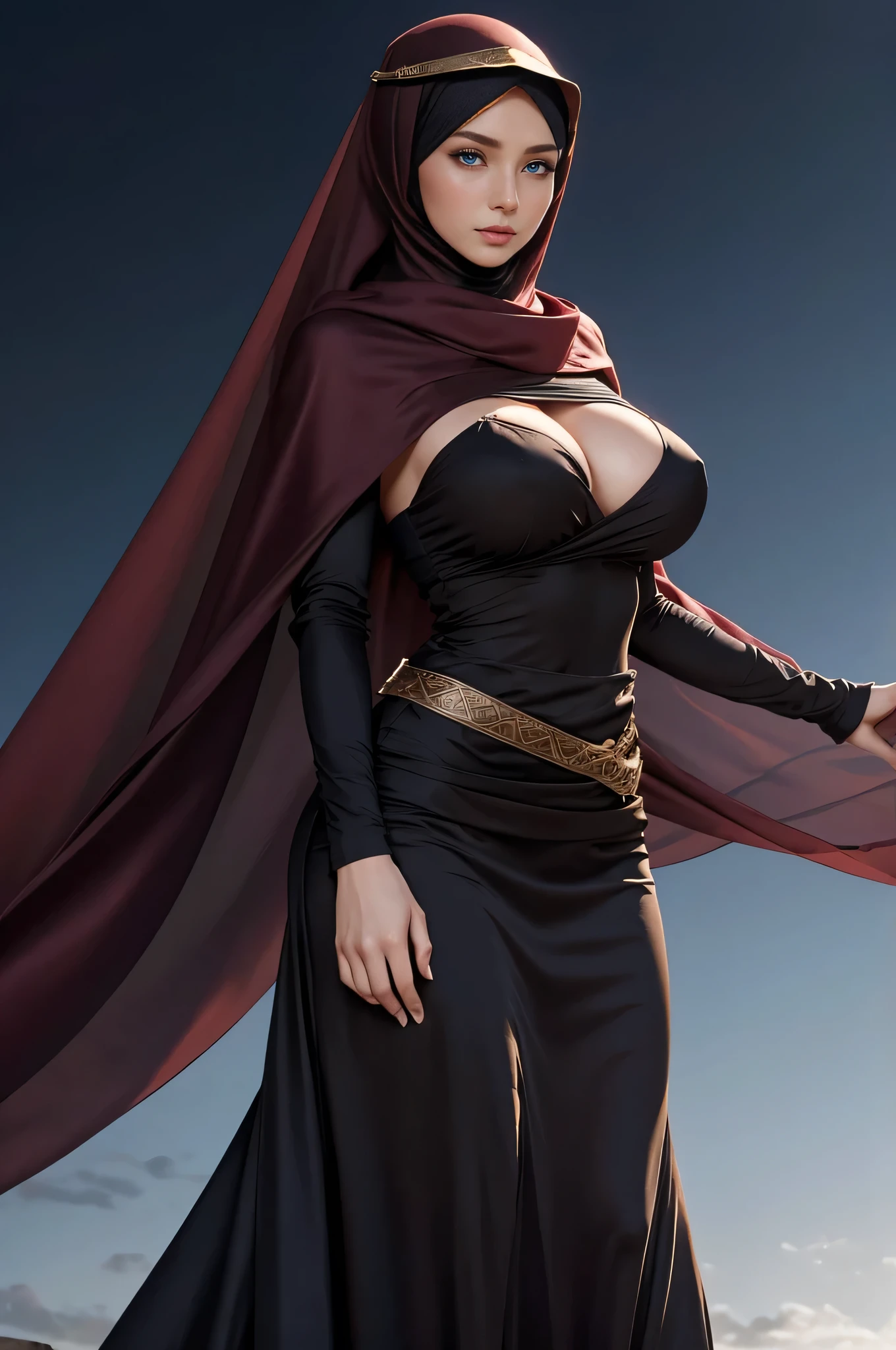 Very tall、Big breasts、The waist is also large、With a muscular body、European woman with blue eyes and brown hair ,wear hijab(Veil),A stylish black flared skirt and a stylish silk burgundy top (Fully covering clothing )