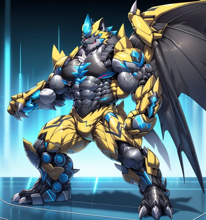 (ZERAORA, 8K), (Zeraora's giant robot, Powered exoskeleton with the same design as Zeraora), (Masterpiece, highres) (Detailed head, Detailed Body, Detailed abs, full body) (gigantic muscles, Gigachad Muscular, big muscle, pecs, triceps, traps, unusually developed muscular body, body full of huge muscles. showing off muscles, pectorales enormes, Exaggeratedly huge muscles.) (nj5furry, The claws are sharp, Sharp teeth, sharp claws), (long legs), (Spread wings, It has wings, have big wings, golden wings), (Wrestling, wrestler, the bodybuilding), (It has wings, whole body shines like metal, Wearing cyberpunk mecha, emphasizes the muscles, suit fully made of metal, intricate armor, Robotic suit, suit fully made of metal, cyborg),