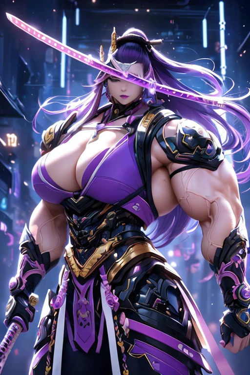 ((((Massive, beautiful, buff, muscular pale white skinned female samurai with violet purple hair, black lipstick, ginormous bulky muscles, holding a violet fire sword and wearing an all violet cyber samurai armor with pants)))), {close view}, black eyeliner, massive muscles, large , massive biceps, hyper muscle triceps, (long hair with long bangs), black eyes, samurai boots, In a futuristic city, sleeveless, steel samurai armor, nighttime, closed smile, hyper muscles arms, hyper muscle legs, ginormous arms