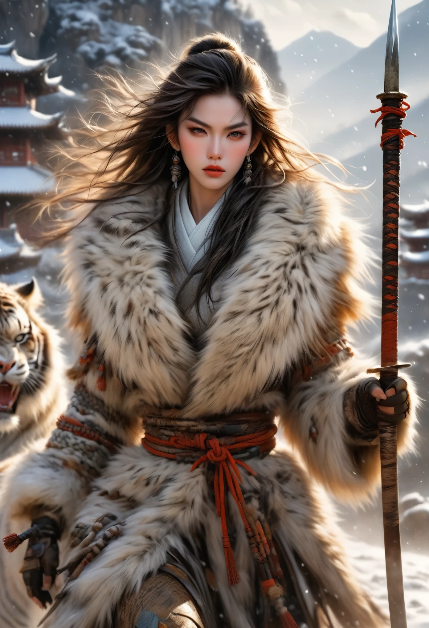 (best quality,4k,8K,High resolution,masterpiece:1.2),Extremely detailed,(Practical,photoPractical,photo-Practical:1.37),Thick fur winter coat,Creative fusion of traditional Chinese design patterns and contemporary elements, Messy hair, Intense expression, Energetic, Sharp eyes, 1 Samurai, Handsome face, Tiger beast, Epic Fantasy Character Art, wearing intricate fur armor, Luis Royo (Luis Royo) style, Northern female warrior holding a spear, HDR, Ultra HD, Studio Lighting, Super Fine, Clear focus, Physically Based Rendering, Extremely detailed的描述, professional, Bright colors, Bokeh, portrait, landscape