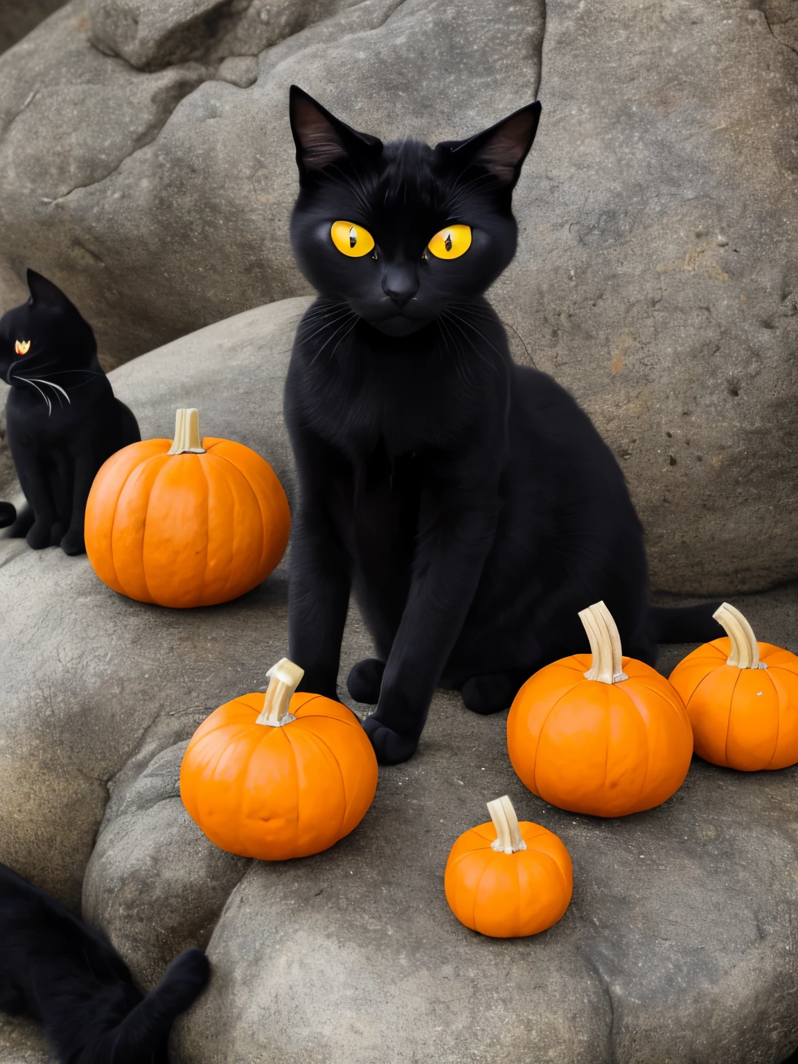 a close up of a black cat sitting on a rock with pumpkins, black cat, with glowing yellow eyes, black cats, glowing orange eyes, with red glowing eyes, the dark god of cats, with glowing red eyes, vampire cat, with glowing eyes, gorgeous art, black cat at her feet, amber eyes, has a very realistic look to it