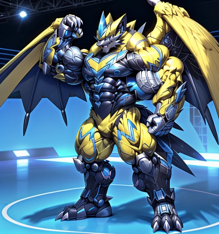 (ZERAORA, 8K), (Zeraora's giant robot, Powered exoskeleton with the same design as Zeraora), (Masterpiece, highres) (Detailed head, Detailed Body, Detailed abs, full body) (gigantic muscles, Gigachad Muscular, big muscle, pecs, triceps, traps, unusually developed muscular body, body full of huge muscles. showing off muscles, pectorales enormes, Exaggeratedly huge muscles.) (nj5furry, The claws are sharp, Sharp teeth, sharp claws), (long legs), (Spread wings, It has wings, have big wings, golden wings), (Wrestling, wrestler, the bodybuilding), (It has wings, whole body shines like metal, Wearing cyberpunk mecha, emphasizes the muscles, suit fully made of metal, intricate armor, Robotic suit, suit fully made of metal, cyborg),
