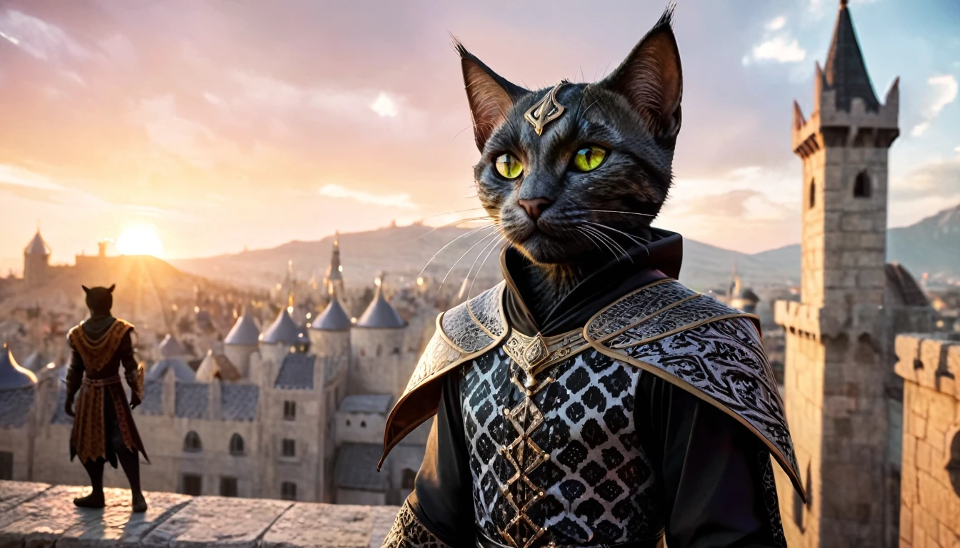 a cat man, khajiit, expressive eyes, black patterned clothes dress, jojo poses, big medieval city in sunset in background, detail richness, masterpiece, best quality, The Elder Scrolls style