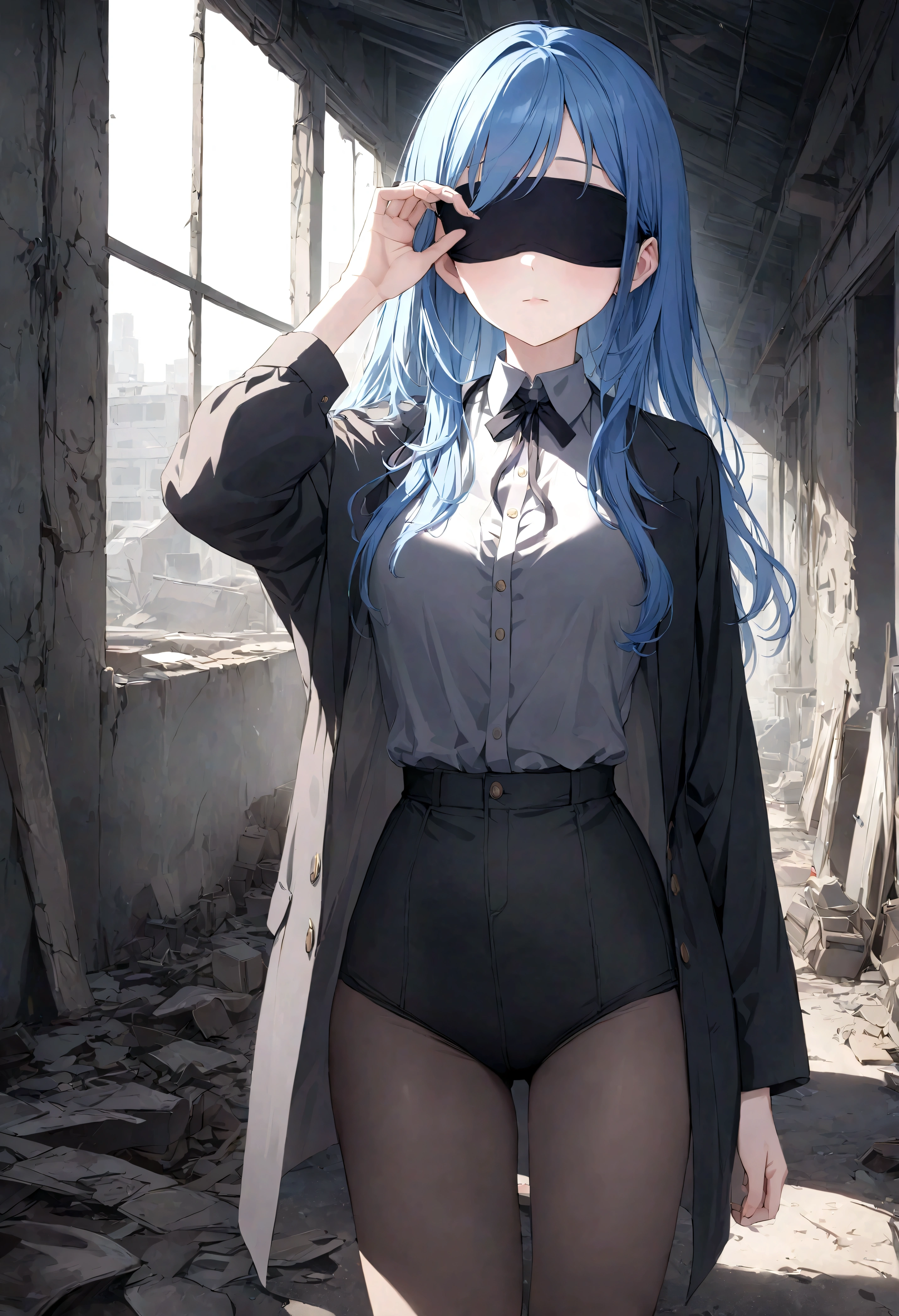 Cloth, Cover your eyes,
用丝带Cover your eyes, ((Not blindfolded,))black, black透明裙子,Long blue hair,In an abandoned factory, dark,
Album,Art Books, game_CG, realistic, photo, real,
, masterpiece, best quality,