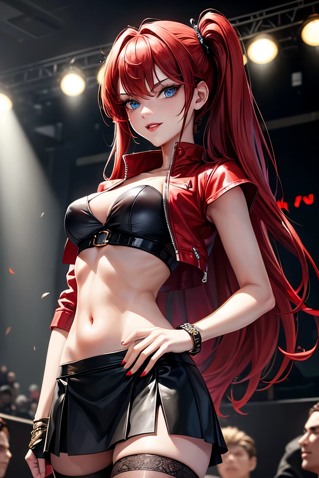 Masterpiece in Full HD, High Quality, Super Detail: A 30-Year-Old Woman with a Perfect Body Clad in a Cedi Jacket, this woman boasts small, breasts and red lips that accentuate her seductive smile. Her passionate gaze and blue eyes radiating a captivating allure are framed by fiery red hair. She dons a red Crio top that contrasts starkly with a black skirt, adding an edgy touch to her look. A striking tattu adorns her arm, making for an intriguing composition ideal for social media posts. The 2D background subtly blends with the dim lighting, setting the stage